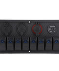 Front view of Eight Gang Rocker Switch Panel With Dual USB Outlets And Digital Voltmeter LED 12V 24V Marine Power Hub