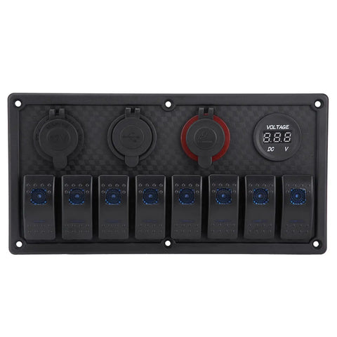 Front view of Eight Gang Rocker Switch Panel With Dual USB Outlets And Digital Voltmeter LED 12V 24V Marine Power Hub