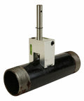 Heavy Duty Pipe Hole Punch Device For Copper Steel And Pvc Ranging From One To Ten Inches with solid aluminum mount on black pipe.