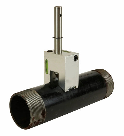 Heavy Duty Pipe Hole Punch Device For Copper Steel And Pvc Ranging From One To Ten Inches with solid aluminum mount on black pipe.