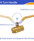 Heavy Duty 1/2 Inch Brass Ball Valve Set With Full Port NPT Threaded Water Shut Off Valves, quarter-turn handle, open position