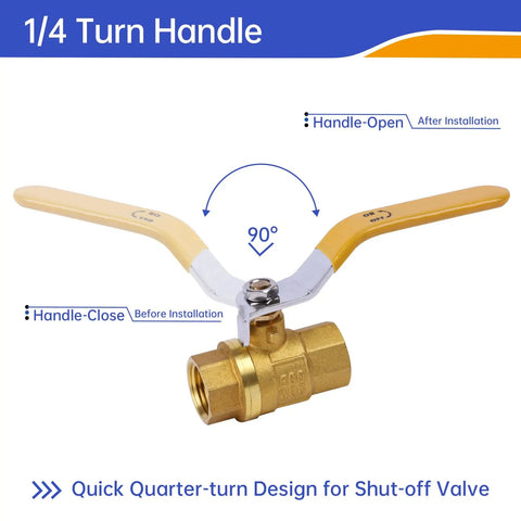 Heavy Duty 1/2 Inch Brass Ball Valve Set With Full Port NPT Threaded Water Shut Off Valves, quarter-turn handle, open position