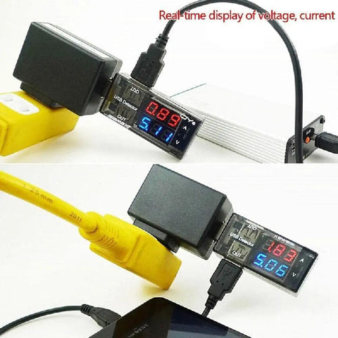 USB Power Meter And Current Tester With LCD Display 3-9V 0-5A Voltage Tester Multimeter in use showing voltage and current.