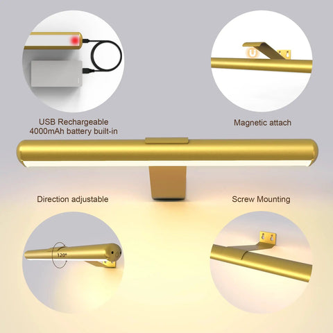 Wireless Picture Light For Artwork With Remote And Rechargeable Battery, Full Metal Body, 300 Lumen Brightness, Gold Finish