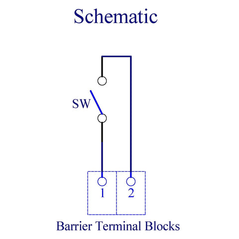 Schematic diagram of rail mount rocker switch module for 10 amp power, showing barrier terminal blocks and switch placement.