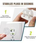 12 Pack Loose Outlet Fix With Plug Tightener Inserts application instructions showing adhesive backing removal and alignment.
