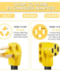 Product image showing plugs of 20Ft EV Charger Adapter Cord From NEMA 10-30P To 14-50R For Old Dryer Outlet To EV Charging Not For RV 24A Continuous Max Level 2 Charging For Tesla Model 3 Y S X ETL Listed. Display of 10-30P and 14-50R adapter ends.