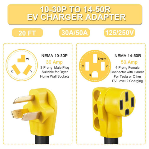 Product image showing plugs of 20Ft EV Charger Adapter Cord From NEMA 10-30P To 14-50R For Old Dryer Outlet To EV Charging Not For RV 24A Continuous Max Level 2 Charging For Tesla Model 3 Y S X ETL Listed. Display of 10-30P and 14-50R adapter ends.
