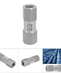 Front view of stainless steel air check valve with hex body and 1/4” female thread, one-way valve