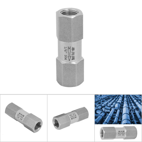 Front view of stainless steel air check valve with hex body and 1/4” female thread, one-way valve