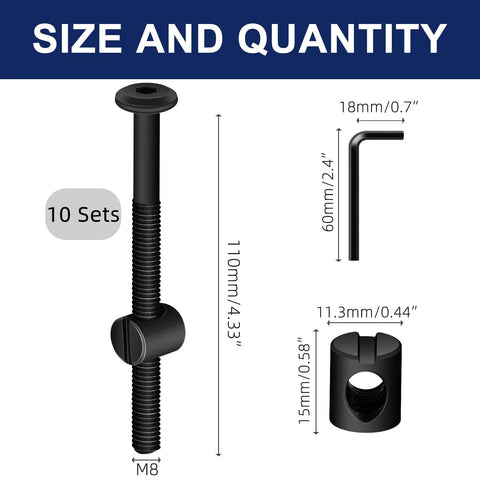 Black M8 X 110mm Flat Head Socket Screws With Barrel Nuts Set Of 10, showing size dimensions and included Allen wrench.