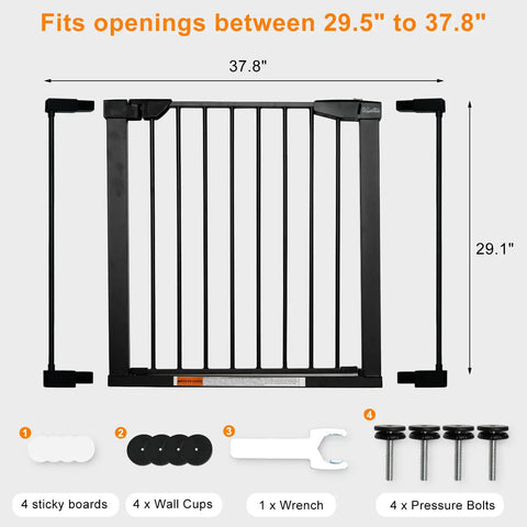 Extra Wide Walk Through Pet Gate 29.5 To 37.8 Inch Auto Close Safety Gate For Dogs And Home With accessories displayed