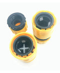 Premium Garden Hose Connector Kit With Quick Connect Repair Fitment For 12 16 And 25 Mm Pipes Including 1 2 5 8 And 1 Inch Sizes Made With Durable Plastic In Bright Yellow And Gray For Easy Plumbing Fixups. Yellow and gray plastic hose connectors shown top view.
