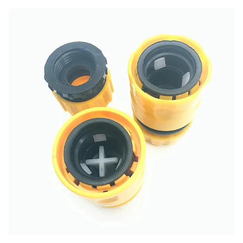Premium Garden Hose Connector Kit With Quick Connect Repair Fitment For 12 16 And 25 Mm Pipes Including 1 2 5 8 And 1 Inch Sizes Made With Durable Plastic In Bright Yellow And Gray For Easy Plumbing Fixups. Yellow and gray plastic hose connectors shown top view.