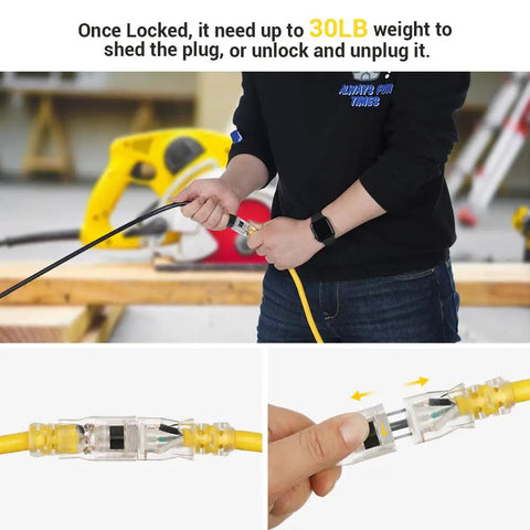 Person using Beefy 15 Ft 12/3 Extension Cord With LED Lighted End For Indoor Outdoor Use SJTW 15A 125V 1875W Yellow Jacket