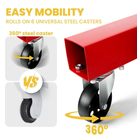 Heavy Duty 2 Ton Engine Hoist With Retractable Telescopic Boom and Six Rolling Caster Wheels showcasing a 360° steel caster for mobility.