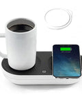 Slick Coffee Mug Warmer And Drink Cooler With Quick Wireless Charger 3 In 1 Electric Cup Heating Base with mug and phone charging.