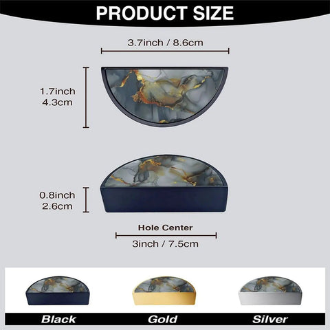 Two Pack Dope Grey Gold Fluid Art Cabinet Pulls With Black Semicircle Drawer Handles, 3 Inch Hole Center size diagram