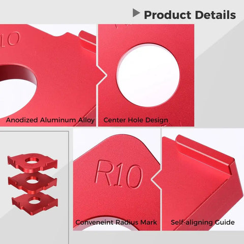 Straight Up Premium Heavy Duty Aluminum Radius Jig Router Templates Set Of 3 Killer Rounded Corner Guides For Flawless Woodworking Builds You Can Trust Any Day showing red anodized aluminum jigs with center hole design.