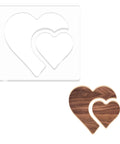 Clear Acrylic Double Heart Router Templates for Woodworking, 5mm thick inlay guides, shown with wooden heart shape result.
