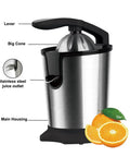 Electric Citrus Juicer With Stainless Steel Pulp Control And Large Volume Capacity showing lever, big cone, and juice outlet.