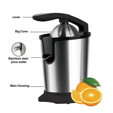 Electric Citrus Juicer With Stainless Steel Pulp Control And Large Volume Capacity showing lever, big cone, and juice outlet.