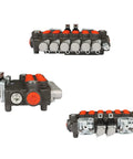 Multi-view of six-spool hydraulic directional control valve with two joystick actuators, black body and orange port caps
