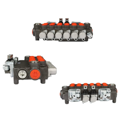 Multi-view of six-spool hydraulic directional control valve with two joystick actuators, black body and orange port caps