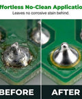 Comparison of PCB with Low Melt Solder Flux Paste 60C No Clean Rosin Formula before and after application, showing clean result.