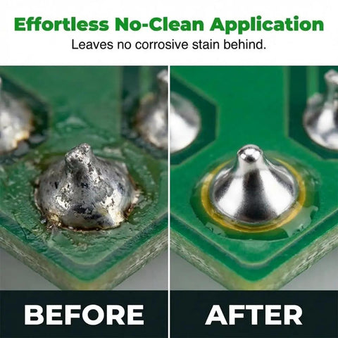Comparison of PCB with Low Melt Solder Flux Paste 60C No Clean Rosin Formula before and after application, showing clean result.