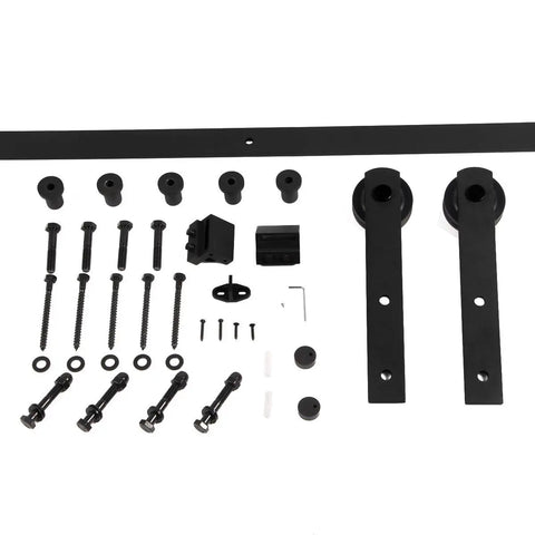 6 Ft Sliding Barn Door Hardware Kit Heavy Duty Sturdy With Quiet Operation showing screws, hangers, spacers for 36-40 inches