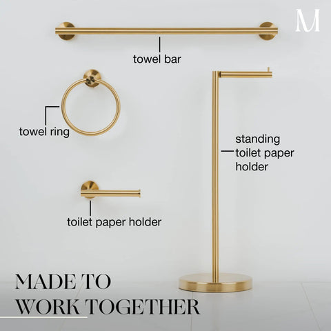 Freestanding Toilet Paper Holder With Storage For Four Rolls, Renter Friendly Stainless Steel Stand In Luxury Brushed Gold Finish