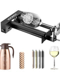High Performance 360 Rotary Attachment For Laser Engraver Knocks Out Tubular Jobs Universal Fit Cups Bottles Tumblers Smooth Operator. Close-up showing rotary attachment with engraved wine glass.