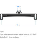 Universal Car Rear View Camera License Plate Bracket Mount With Upgraded Full Stainless Steel Construction shown with measurements.