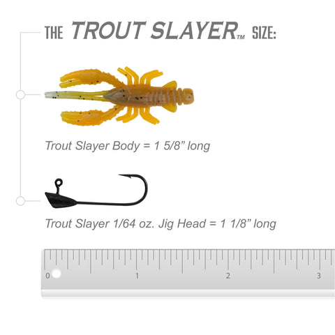 Slayer 28 Piece Fishing Kit With 20 Crawdad Bodies And 8 Size 6 Long Shank Hooks image with ruler for scale