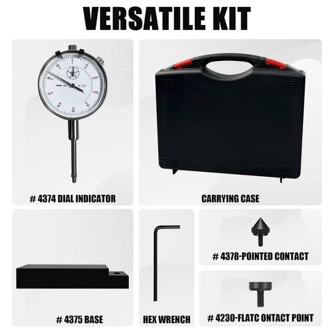 Pro Grade Sleeve Height And Counter Bore Gauge Kit with dial indicator, carrying case, base, hex wrench, pointed, flat contacts
