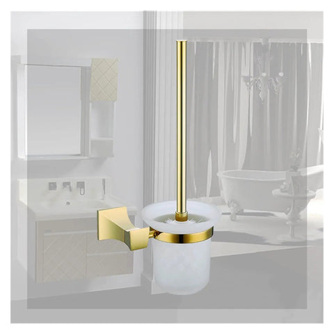 Heavy Duty Wall Mounted Toilet Brush Holder Slick Chrome Finish Glass Cup Top Shelf Bath Organizer with gold accents