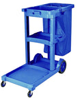 Heavy Duty Rolling Cleaning Cart Built Like A Tank For Busy Hotels And Commercial Spaces Featuring Super Smooth Casters And Hella Large Storage Compartments Made To Get The Job Done Right Every Single Time in blue color with a fabric bin.
