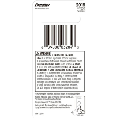 Top Shelf 2016 3V Lithium Coin Cell Batteries 2 Pack warning label with safety instructions and barcode