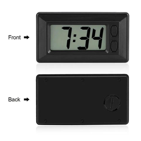 Ultra Thin Digital Clock With Wide Lcd Panel And Adhesive Mount For Car Dashboard Home Desk Ride Ready showing front and back views.