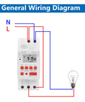 General wiring diagram for Programmable Digital Timer Switch 85 To 265V 30A With LCD Countdown Display, 24 Hours 7 Days Scheduling.