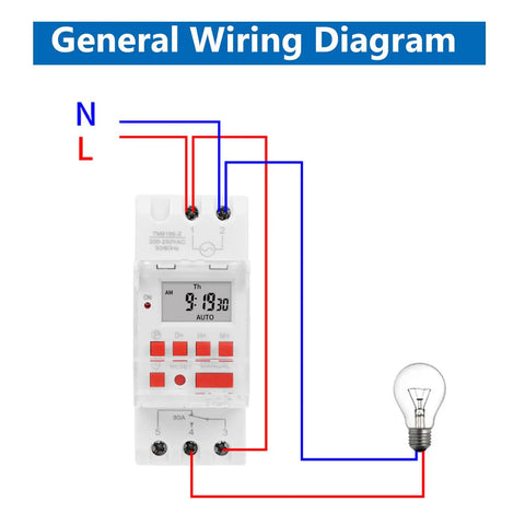 General wiring diagram for Programmable Digital Timer Switch 85 To 265V 30A With LCD Countdown Display, 24 Hours 7 Days Scheduling.