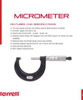 Outside Micrometer With One-Piece Spindle, Satin Chrome Finish, Advanced Sleeve Design, Quick And Easy Adjustment, 1 To 2 Inch Range,.001 Inch Graduation, Built Tough, Rust-Resistant Precision Tool For Narrow Slots shown with brand logo and features.