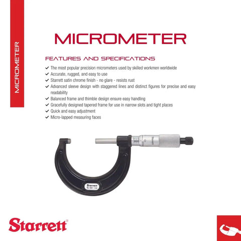 Outside Micrometer With One-Piece Spindle, Satin Chrome Finish, Advanced Sleeve Design, Quick And Easy Adjustment, 1 To 2 Inch Range,.001 Inch Graduation, Built Tough, Rust-Resistant Precision Tool For Narrow Slots shown with brand logo and features.