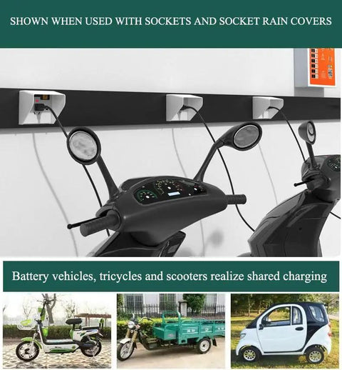 Built Tough Outdoor Rain Canopy For Ev Charger Wall Box Cover Weatherproof Shelter Drip Free Electric Vehicle Charging Station Protector With No Sweat Ventilation And Rock Solid Wall Brackets, image showing EV charging for scooters.