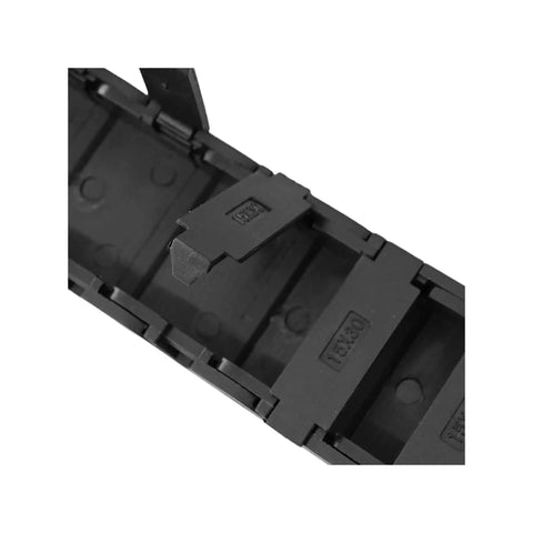 Close-up of 15mm X 30mm Plastic Drag Chain Cable Carrier for CNC Router and 3D Printer, openable design, black plastic material