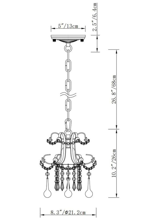 Diagram of Crystal Chandelier Pendant Light White 1 Light For Hallways, Closets, Kids Rooms And Small Spaces with dimensions