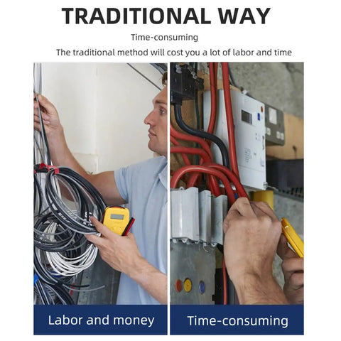 Image comparing the traditional method of wiring with labor and time costs, highlighting inefficient practices for electricians.