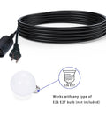 Two Pack Fifteen Foot Hanging Light Cord Kit With Inline On Off Switch For Pendant Lamps E26 E27 Socket Black No Bulb Included Great For Ceiling Lanterns Plug In Convenience showing E26 E27 compatibility.