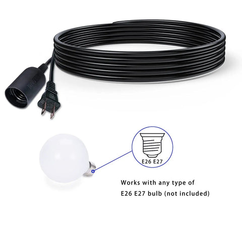 Two Pack Fifteen Foot Hanging Light Cord Kit With Inline On Off Switch For Pendant Lamps E26 E27 Socket Black No Bulb Included Great For Ceiling Lanterns Plug In Convenience showing E26 E27 compatibility.
